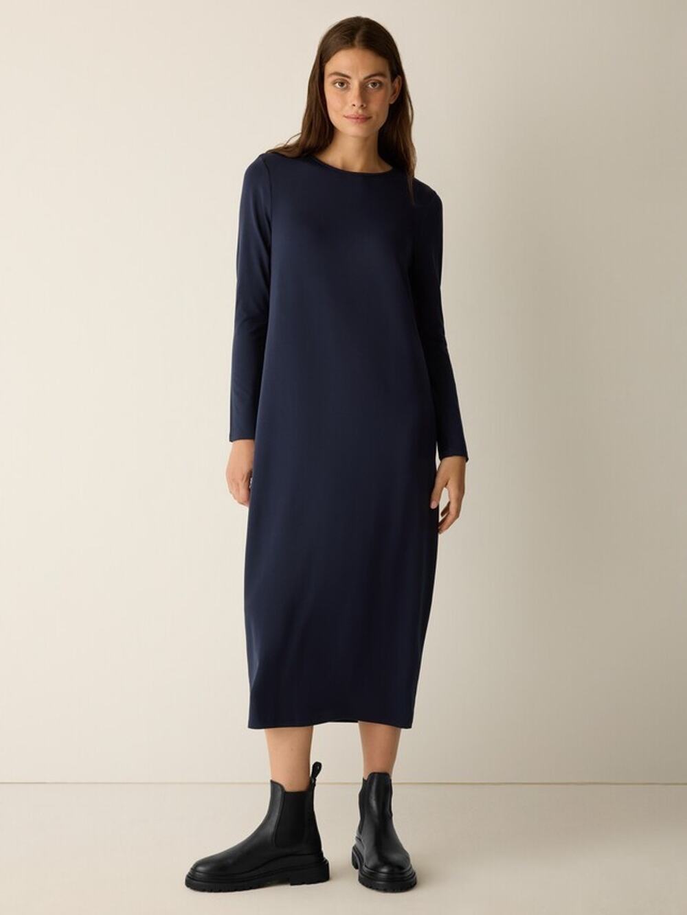 Eileen Fisher Stretch Jersey Knit Oval Minimalist Lagenlook Dress Dark Navy Sz L